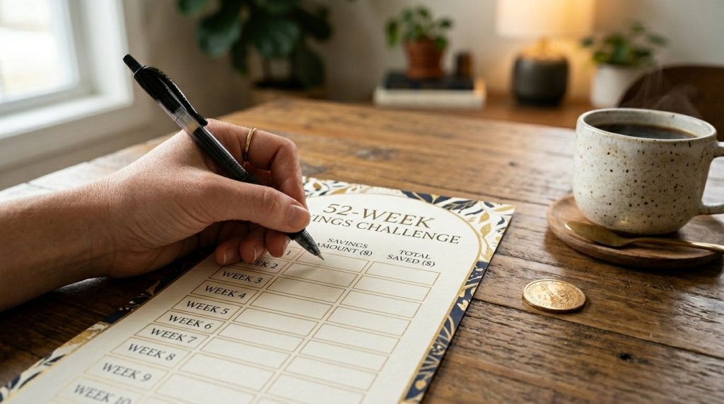 A hand holding a pen over a 52-week savings challenge sheet on a wooden table with a coffee cup and a gold coin.