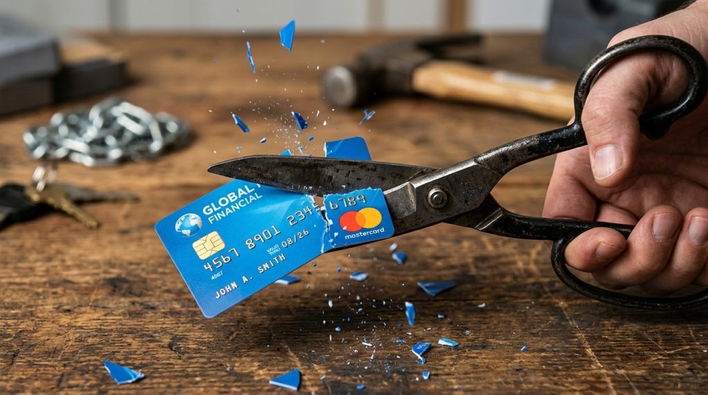 A close up view of metal scissors cutting through a plastic credit card to represent the process of becoming debt free and managing personal finances.