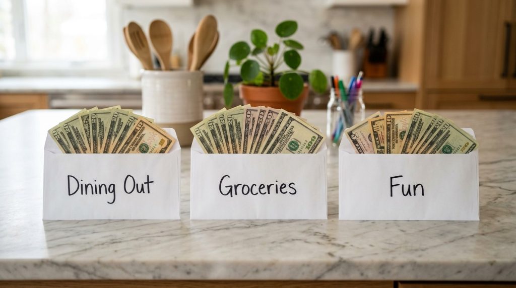 A collection of several paper envelopes that are filled with stacks of cash and paper currency representing personal savings or business payments.