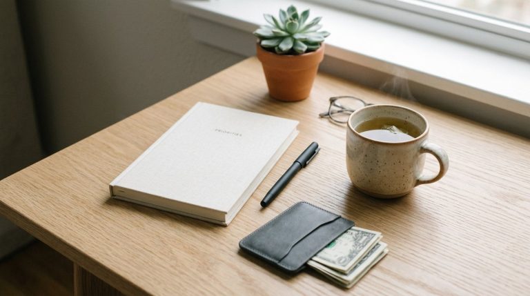 A minimalist workspace setup designed to help simplify life and manage personal finances effectively.