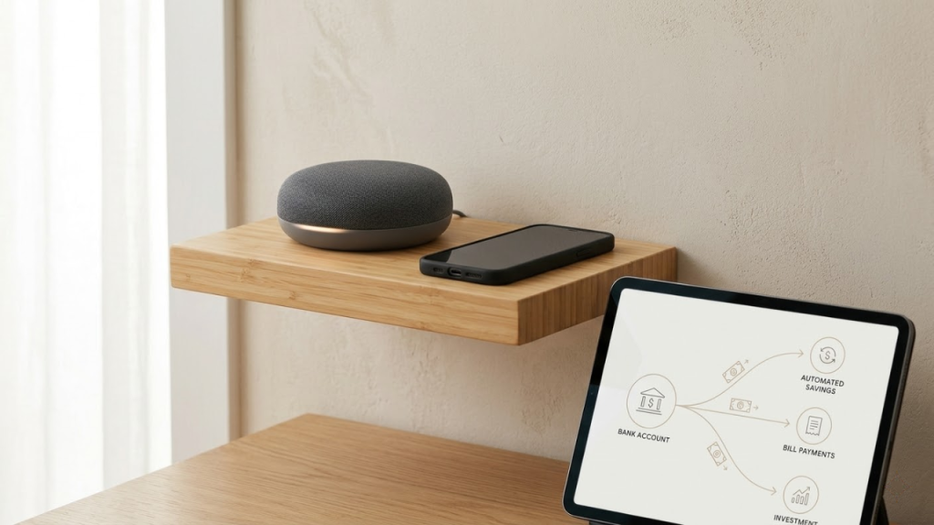 Smart speaker and phone on a wooden shelf above a tablet showing a financial planning app.