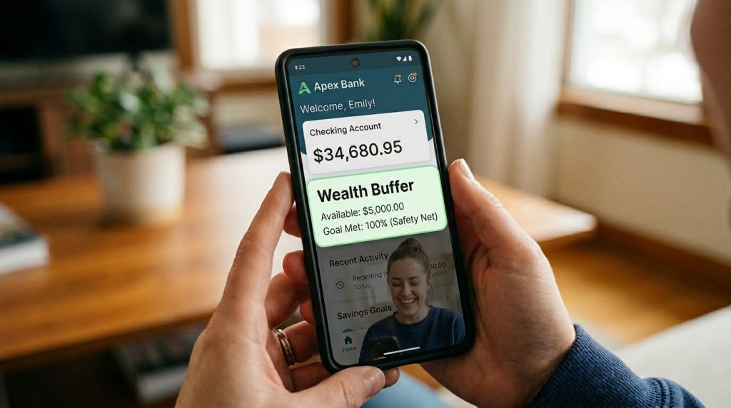 Close up of a person holding a smartphone displaying their current bank account balance on the screen.
