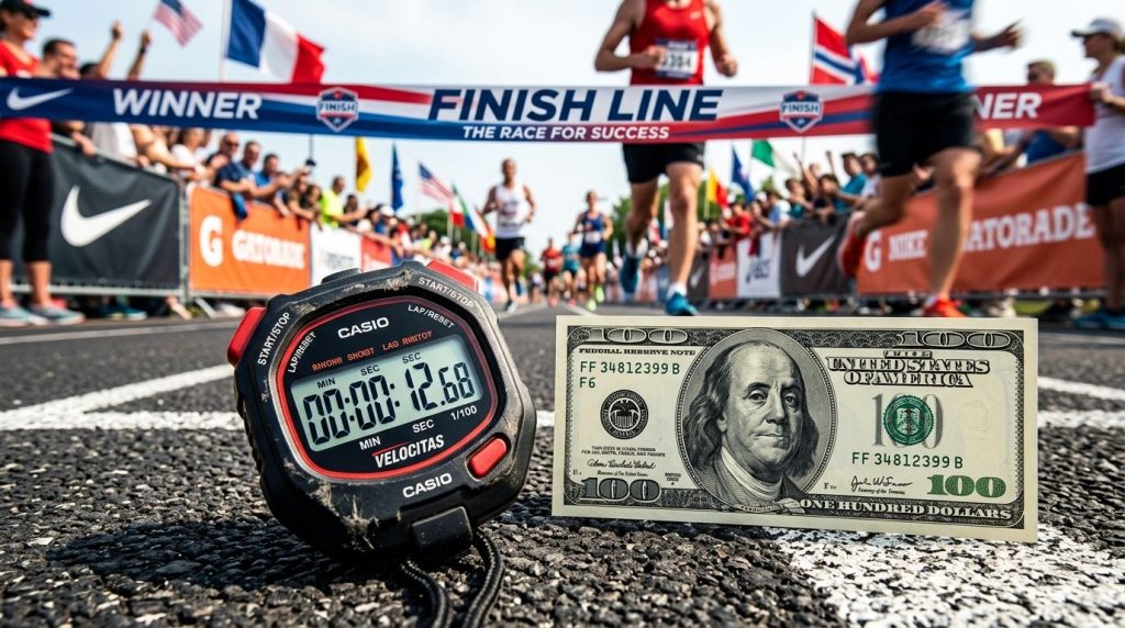 A close up view of a precise stopwatch resting beside a one hundred dollar bill, highlighting the concept that time is a valuable financial currency.