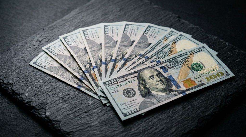 A close up view of ten one hundred dollar bills showing the intricate details of the United States currency banknotes representing financial wealth and cash savings.