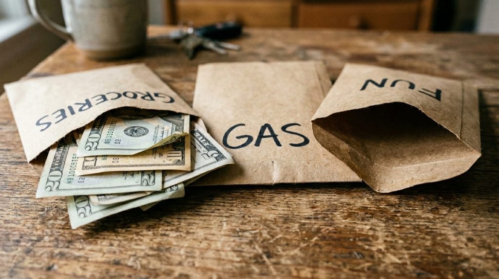 Three individual stationery envelopes arranged together each featuring a distinct label for categorization and efficient mail organization.