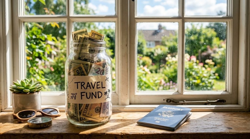A glass jar labeled 'Travel Fund' filled with cash, sitting on a sunlit window sill next to a US passport and sunglasses.