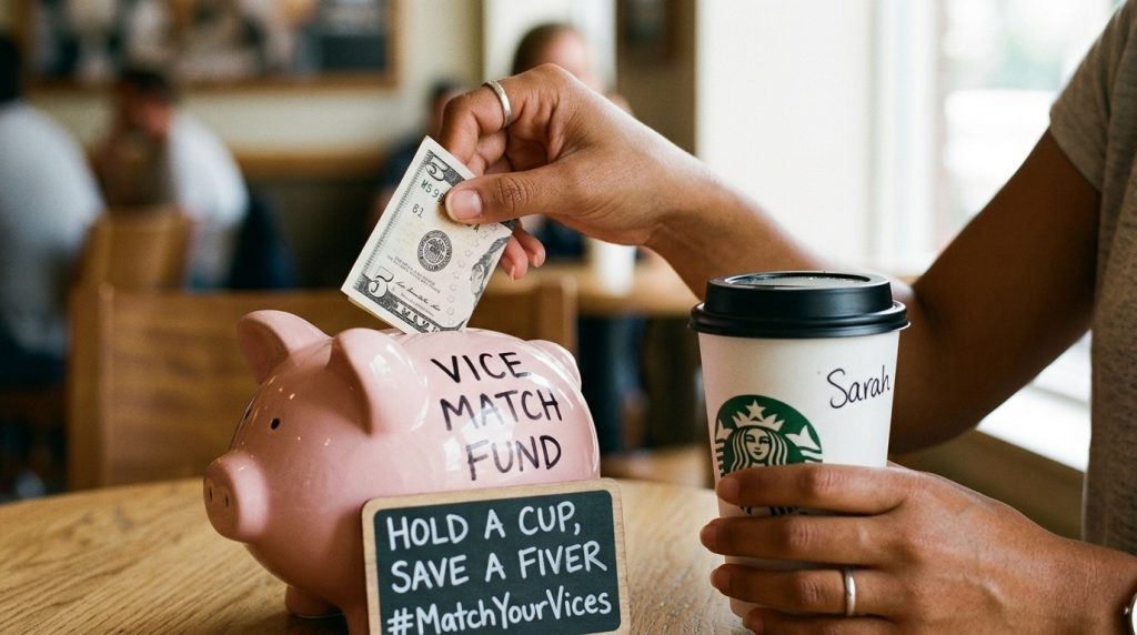 A person inserts a five-dollar bill into a pink piggy bank labeled Vice Match Fund while holding a Starbucks coffee cup.