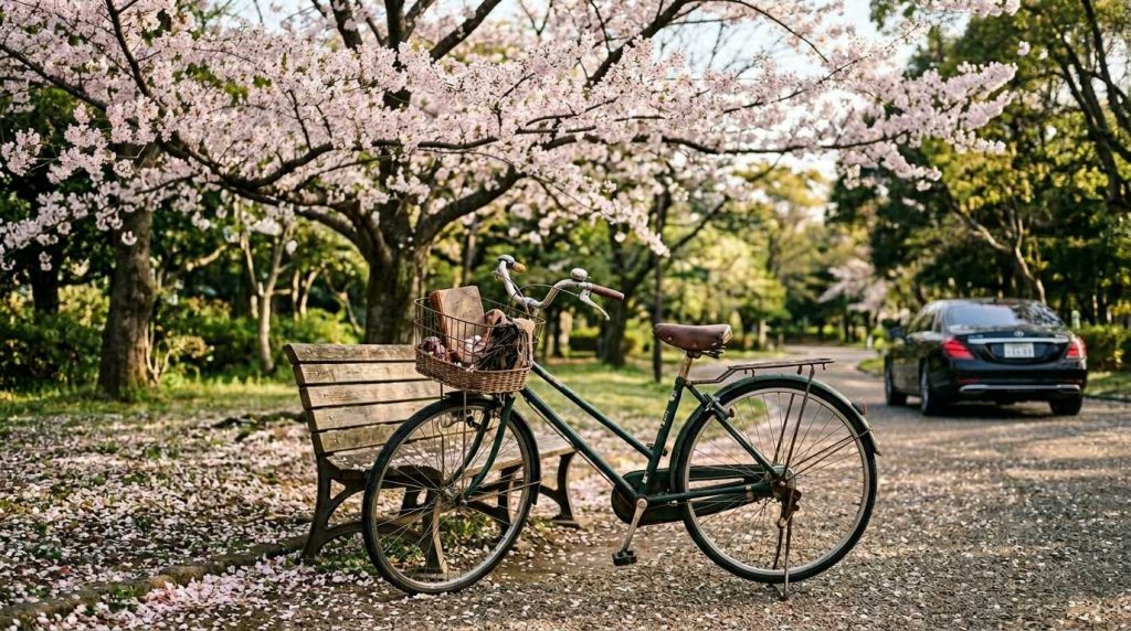 A vintage and weathered old bicycle remains parked in an urban environment, displaying classic design features and signs of historical wear.