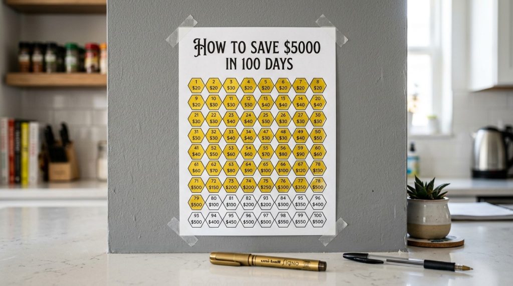 A visual representation of a personal financial milestone or challenge aimed at saving five thousand dollars for future goals or expenses.