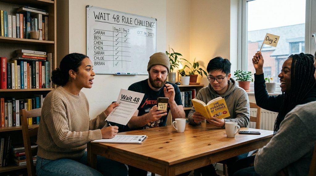 Diverse friends gather around a table for a Wait 48 Rule Challenge, with books, mugs, and a tracking whiteboard behind.