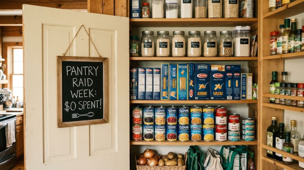A well organized kitchen pantry with neatly arranged shelves containing various food items and storage containers for efficient home organization.