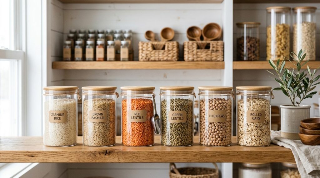 A well organized wooden pantry shelf stocked with various jars containers and dry goods in a kitchen storage area providing a clean and tidy home environment.