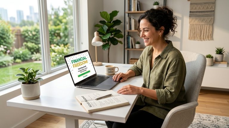 A smiling woman in a home office looks at her laptop screen displaying 'FINANCIAL FREEDOM!' celebration text and a goal.