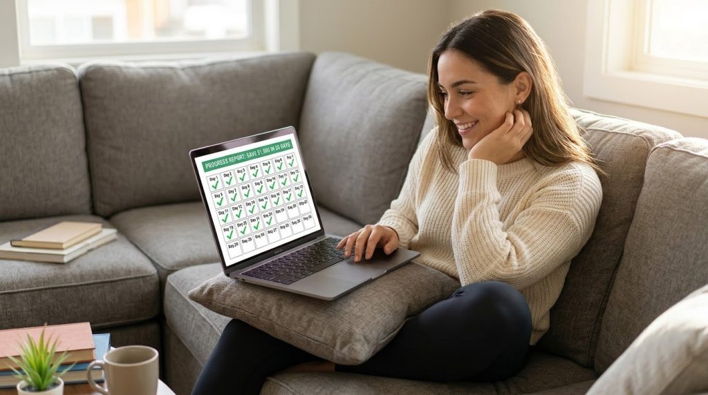 A happy woman sits on a gray sofa looking at a savings progress chart on her laptop screen.