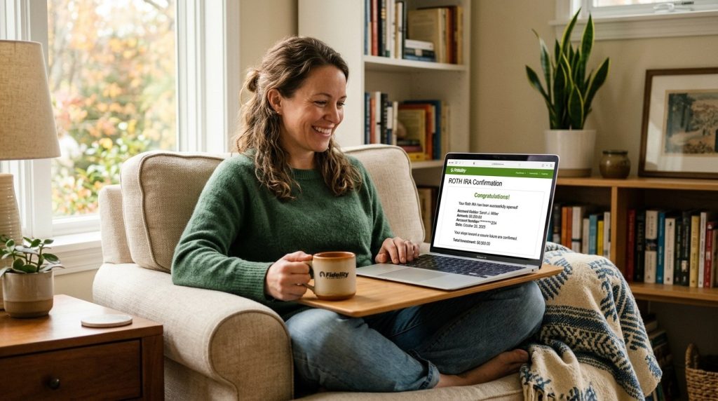 A woman smiles while sitting in a cozy armchair, viewing a Roth IRA confirmation page on her laptop in a sunlit room.