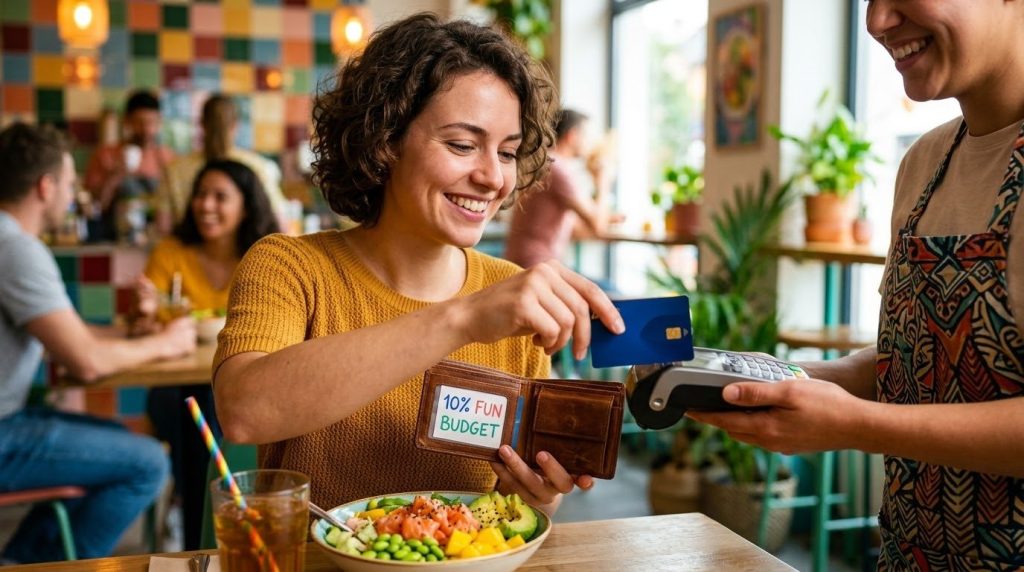 Smiling woman paying for meal with credit card using a fun budget.