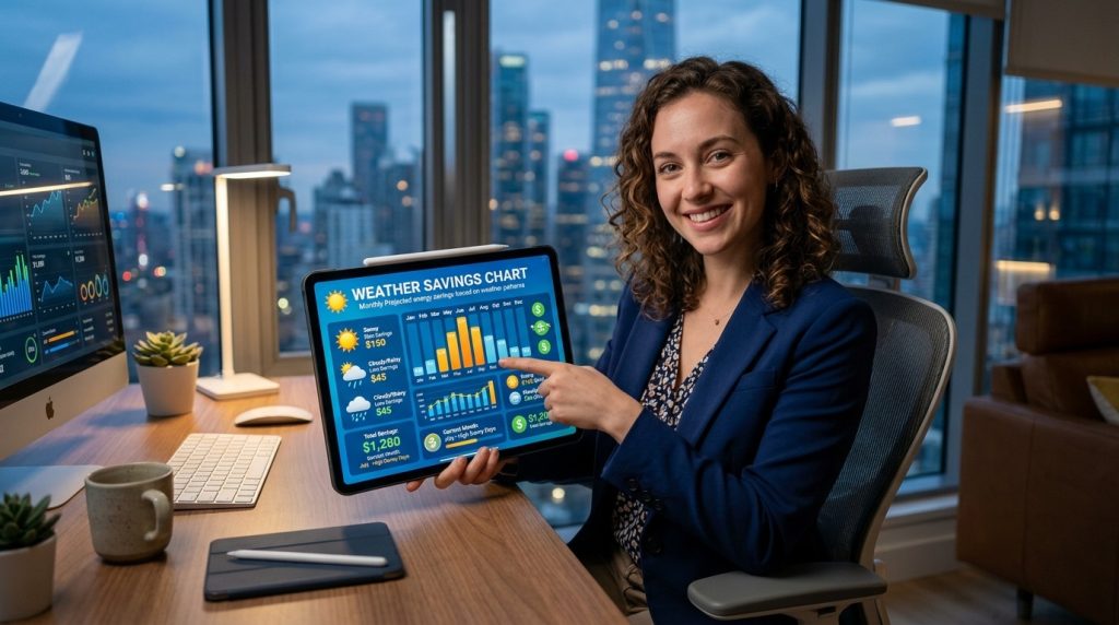 A smiling woman in a blue blazer points to a weather savings chart on a tablet in a high-rise office with a city view.