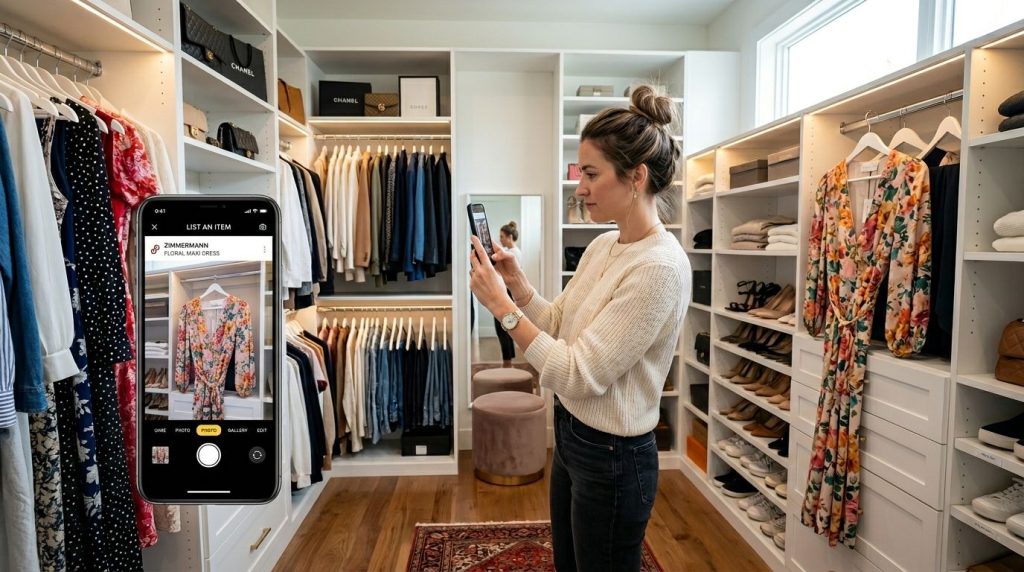 A woman is captured in the process of taking a high quality photograph of a stylish dress likely for a fashion blog or an online sales listing.