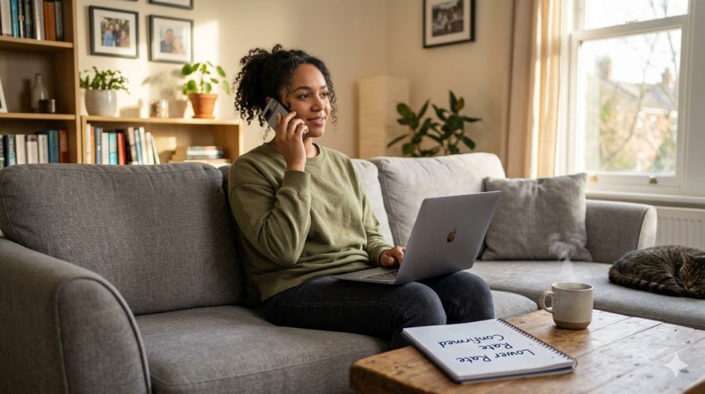 A woman working on her laptop and talking on her phone in her living room with a cat sleeping nearby.