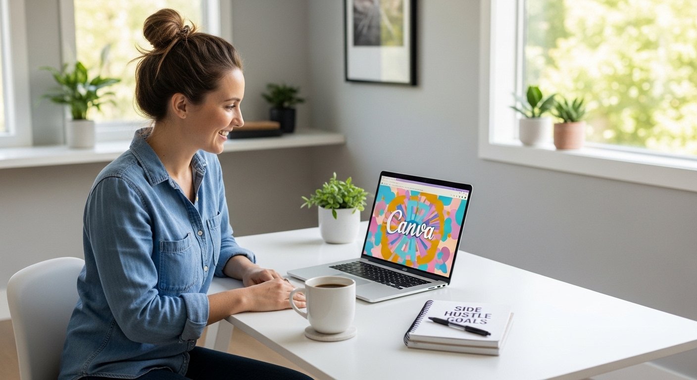 A professional woman typing on a laptop at a bright desk in a modern office setting.