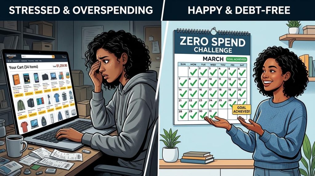 Split screen showing a stressed woman overspending online and then smiling after a successful zero spend challenge month.