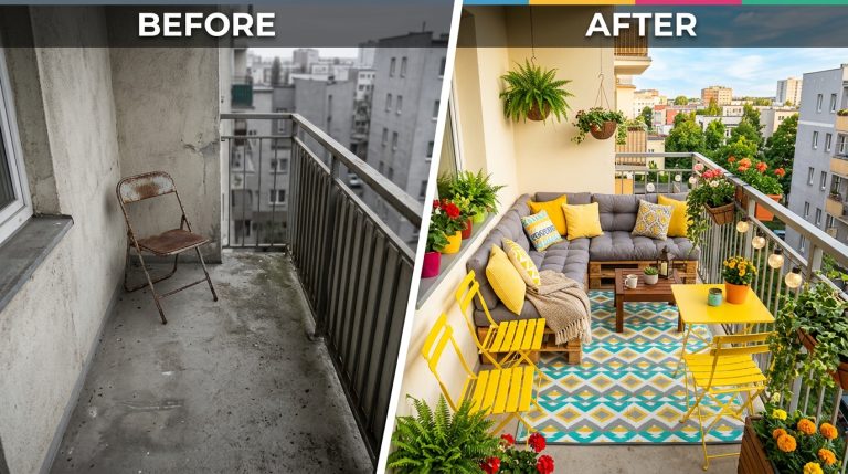 A before and after comparison of a grey concrete balcony transformed into a colorful oasis with yellow decor and plants.