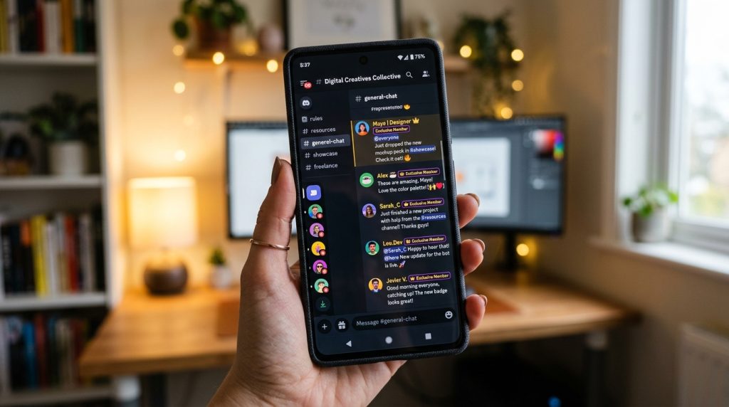 Close up of a smartphone screen showing an active digital community mobile application interface.