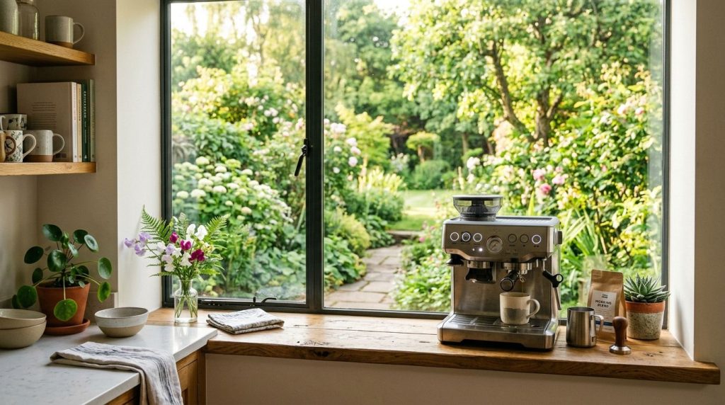 A detailed view of a modern coffee machine that is currently powered on and ready to brew a fresh cup of coffee or espresso in a home kitchen environment.