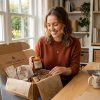 A woman is carefully packing artisanal handmade goods into a sturdy cardboard box for shipping to a customer or a special gift presentation.