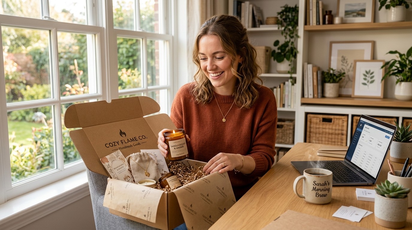 A woman is carefully packing artisanal handmade goods into a sturdy cardboard box for shipping to a customer or a special gift presentation.