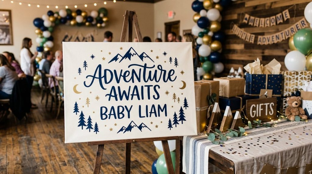 A rustic adventure canvas sign hanging on a wall for travel themed home decor.