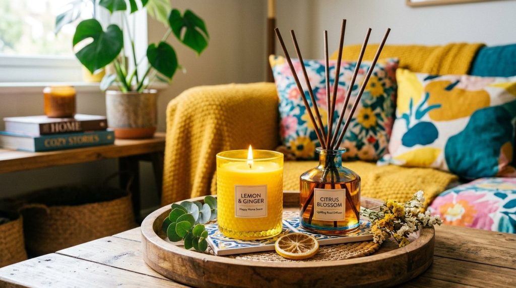 A beautiful yellow pillar candle creating a warm atmosphere in a minimalist interior space.