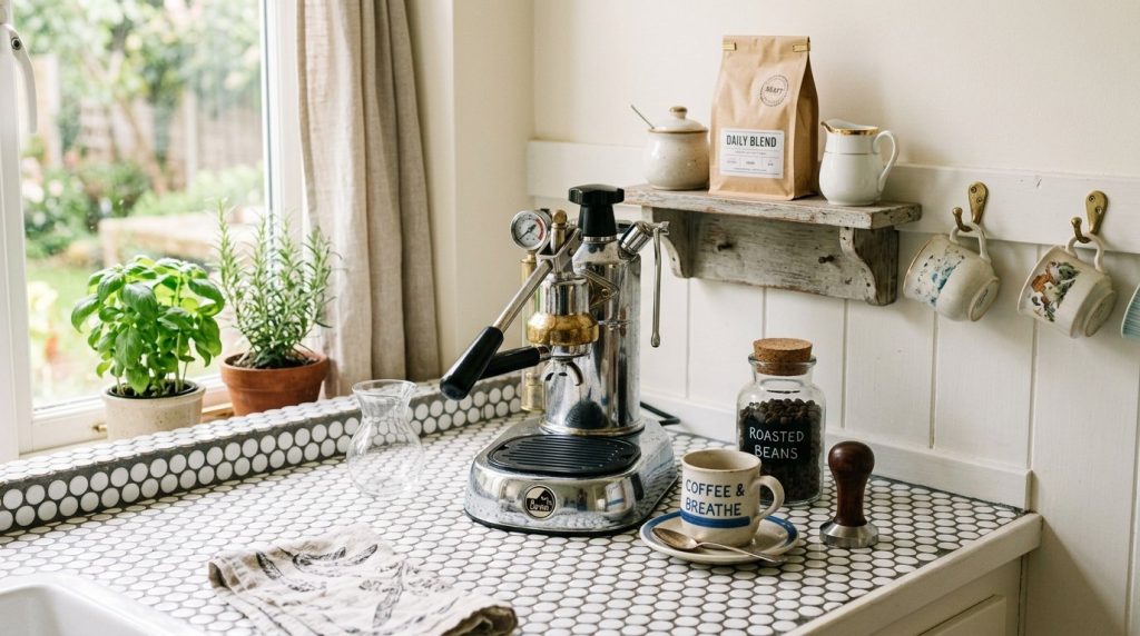 Modern budget-friendly kitchen coffee station featuring stylish stone-look countertops for a high-end appearance.