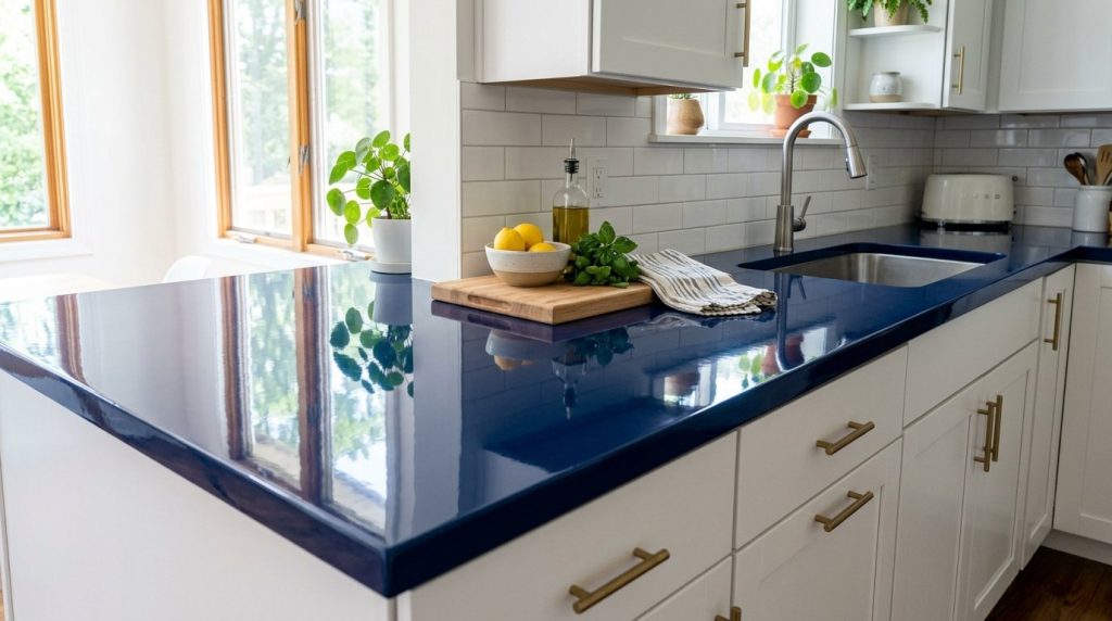 A stylish kitchen featuring deep navy blue cabinetry and high-end looking budget-friendly countertops.