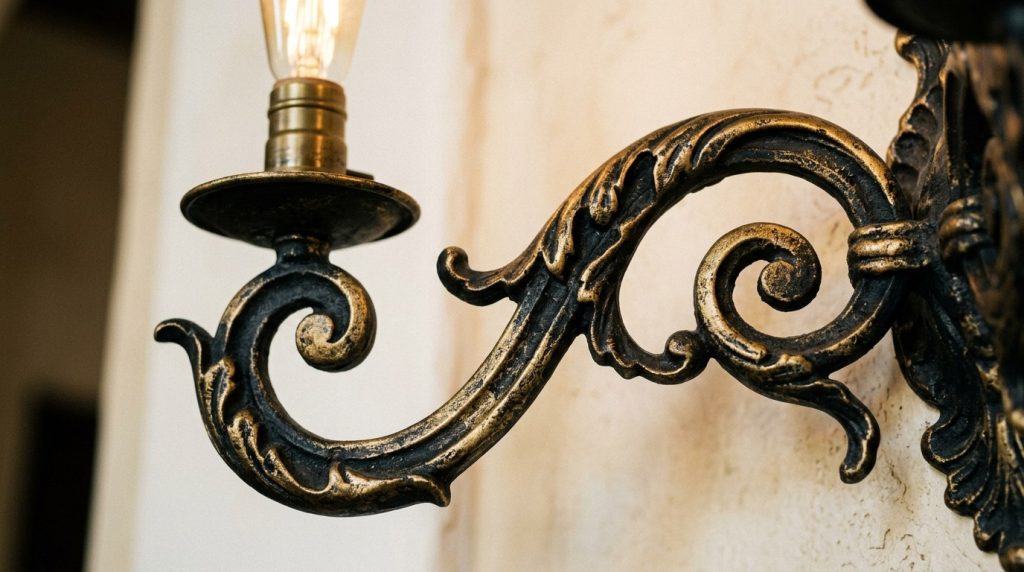 Close-up of an ornate antique brass wall sconce featuring intricate scrollwork and leaf patterns holding a lit Edison bulb.