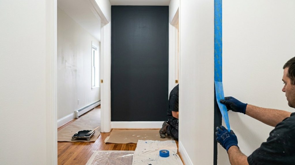 An organized apartment hallway featuring space-saving wall hooks and shoe storage units.