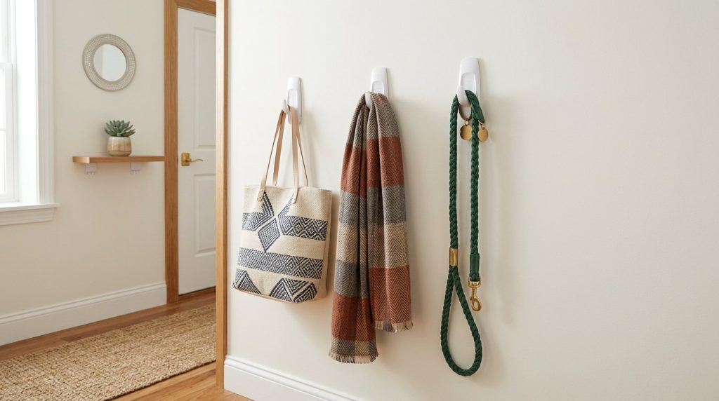Organized apartment hallway with clever wall-mounted storage and space-saving hacks.
