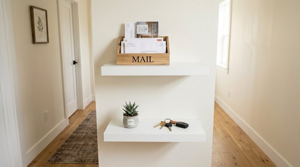 A pair of sleek modern shoe racks and storage organizers placed in a narrow apartment hallway.