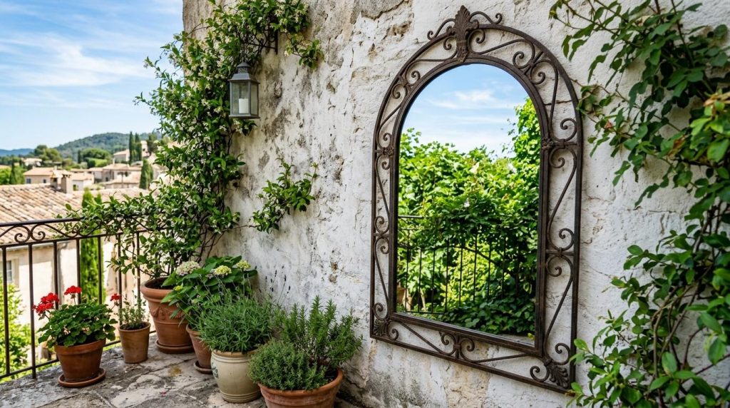 An arched wrought iron mirror on a rustic white stone wall reflects a lush garden on a sunny balcony with potted plants.
