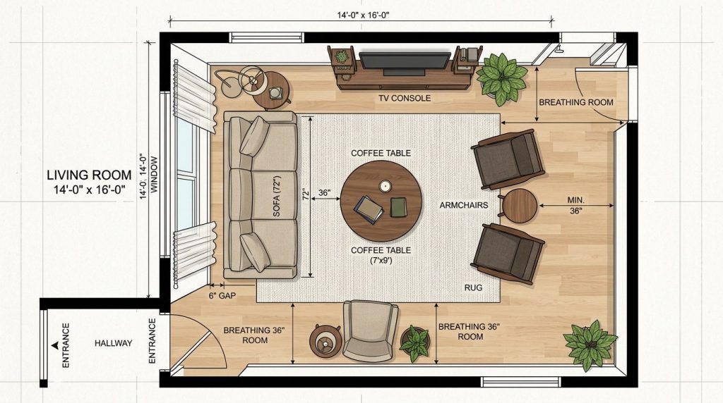Detailed 2D living room floor plan showing furniture layout, rug placement, and dimensions like 14 by 16 feet.