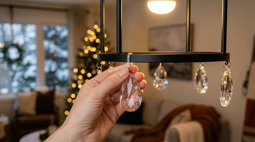 A person's hand uses a zip tie to attach a crystal prism to a black metal light fixture, with a blurred Christmas tree behind.