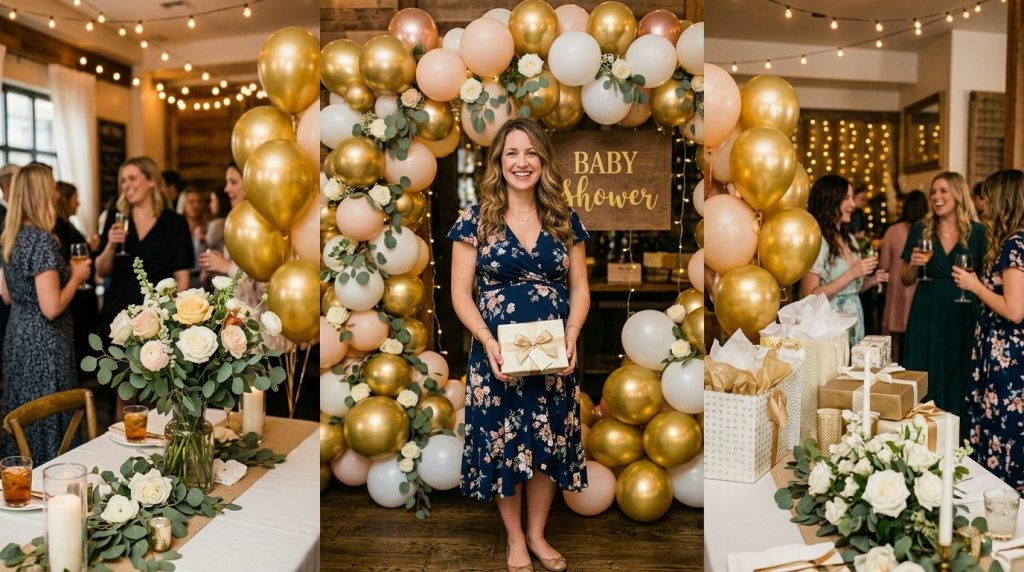A three-part collage of a baby shower featuring a pregnant woman, elegant gold balloon arch, and floral table settings.