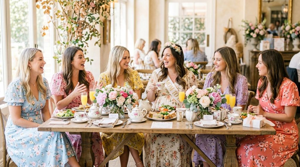 Six smiling women in colorful floral dresses celebrate at a baby shower tea party with flowers and tea service.