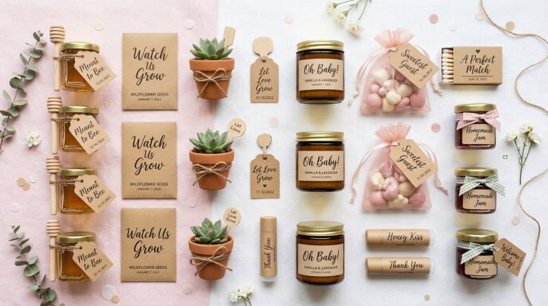 Elegant baby shower party decorations with floral arrangements and baby themed decor.