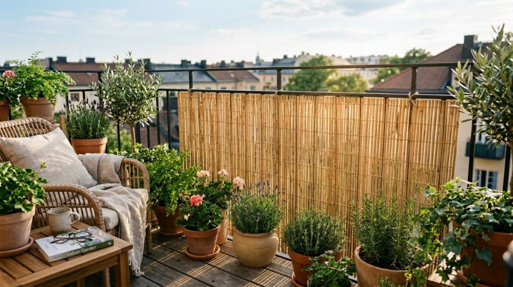 Close up view of natural bamboo fencing panels installed in a lush residential garden.