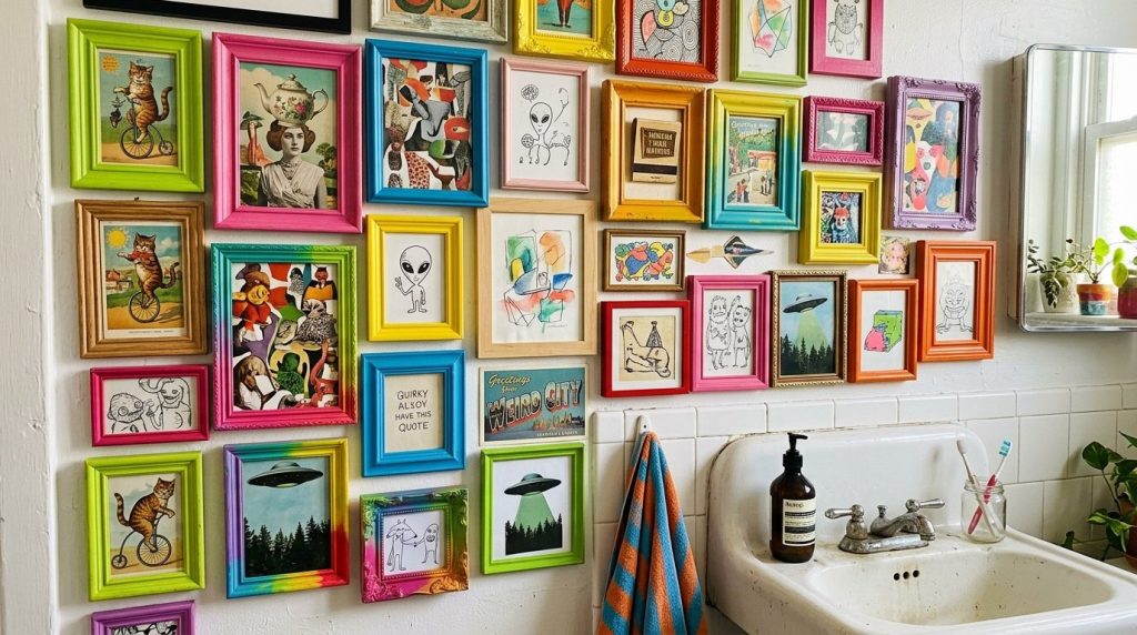 A stylish gallery wall featuring framed art prints arranged in a modern bathroom above the vanity.