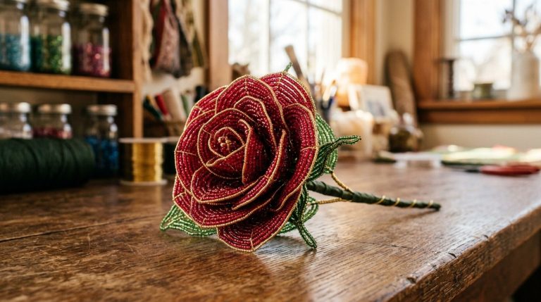 A detailed red and gold beaded rose resting on a rustic wooden table, with jars of beads blurred in the background.