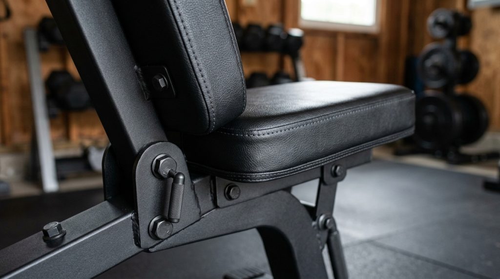 A close-up of a matte black adjustable weight bench with thick padding and heavy-duty metal hardware in a home gym.