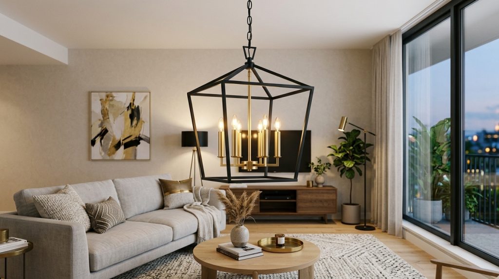 A stylish living room with a black cage chandelier, a neutral sofa, patterned rug, and a floor-to-ceiling window at dusk.