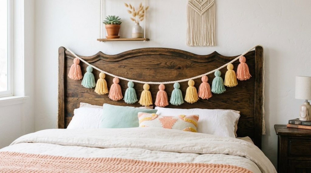 A cozy bedroom with a dark wood headboard decorated with a pastel tassel garland, white bedding, and boho wall hangings.